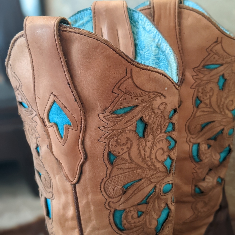 CORRAL C1620 laser tooled tan & turquoise snip toe cowgirl western boots sz 9.5 - Picture 12 of 16